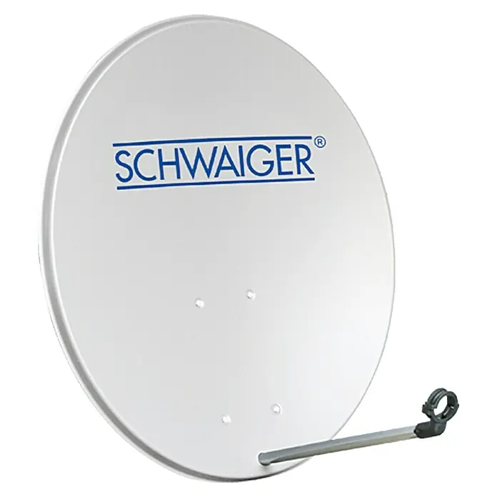 Schwaiger Satellitenschüssel - Aluminium, Durchmesser Spiegelfläche: 80 cm, Hellgrau - Eine weiße Satellitenschüssel von SCHWAIGER mit Halterung, ideal für den Empfang von TV- und Radioprogrammen über Satellit.