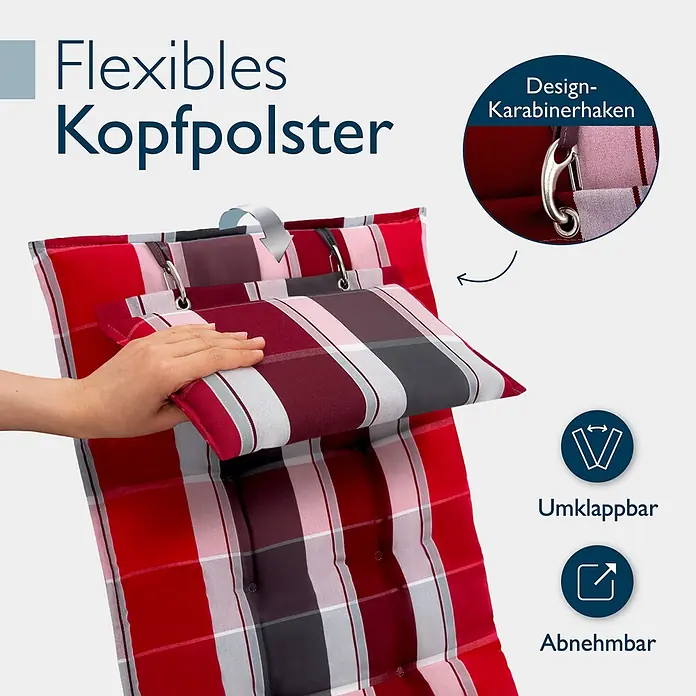 Beautissu Sitzauflage Sun-HL - Hochlehner, 3 Stk., Polyester, Rot - Flexibles, rot-weiß kariertes Kopfpolster mit Karabinerhaken, umklappbar und abnehmbar.
