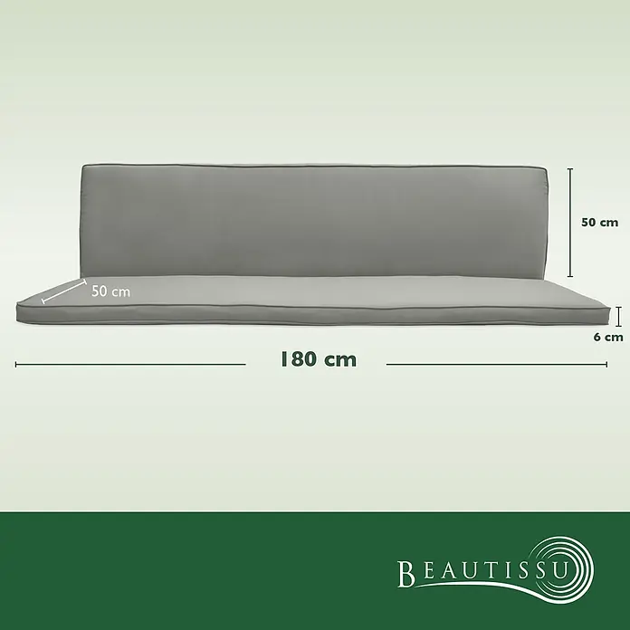 Beautissu Bankauflage Loft HS - Hollywoodschaukel, 1 Stk., L x B x H: 180 x 100 x 6 cm, Baumwolle, Polyester, Hellgrau - Graues Sofakissen-Set (Sitz- und Rückenlehne). Maße: 180 cm Breite, 50 cm Sitztiefe, 50 cm Rückenlehnenhöhe, 6 cm Dicke.