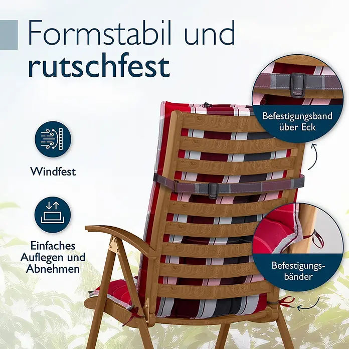 Beautissu Sitzauflage Sun-HL - Hochlehner, 3 Stk., Polyester, Rot - Gestreifte rot-weiß-graue Stuhlauflage auf einem Holzgartenstuhl, mit Eckbefestigungsband und Bändern für Stabilität, Rutschfestigkeit und Windfestigkeit gesichert.