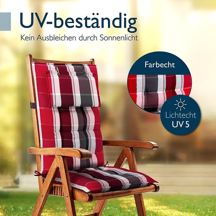 Beautissu Sitzauflage Sun-HL - Hochlehner, 3 Stk., Polyester, Rot - Rot-weiß-dunkel kariertes, UV-beständiges Stuhlkissen auf einem Holz-Gartenstuhl.