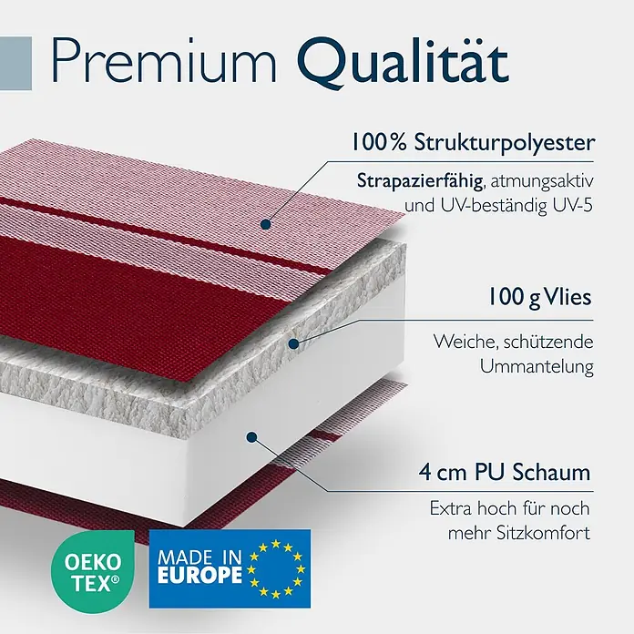 Beautissu Sitzauflage Sun-HL - Hochlehner, 3 Stk., Polyester, Rot - Roter Premium-Kissenquerschnitt mit robustem Polyester, weichem Vlies und 4cm PU-Schaumschichten für Komfort.
