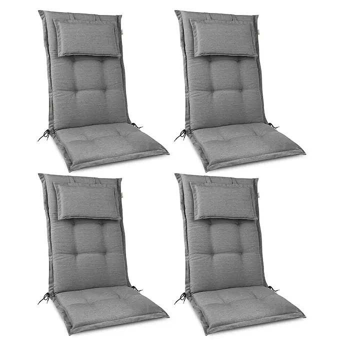 Beautissu Sitzauflage HighLux HL - Hochlehner, 4 Stk., Polyester, Hellgrau - Vier graue, gesteppte Stuhlkissen, jedes mit separatem Kopfkissen und Befestigungsbändern.