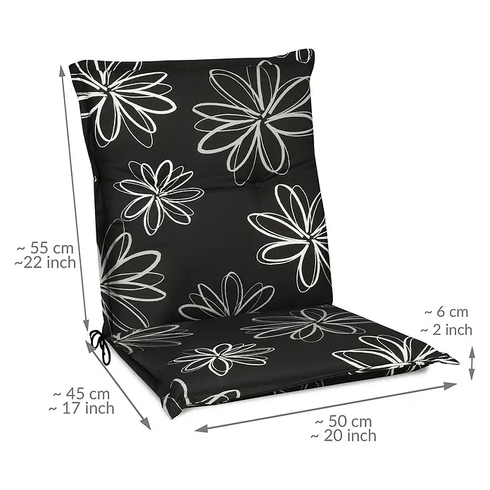 Beautissu Sitzauflage Sunny NL - Niederlehner, 6 Stk., Polyester, Mehrfarbig - Schwarzes Stuhlkissen mit weißem, abstraktem Blumenmuster, Rückenlehne, Sitzfläche und Bändern.