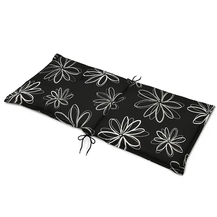 Beautissu Sitzauflage Sunny NL - Niederlehner, 6 Stk., Polyester, Mehrfarbig - Schwarzes Outdoor-Kissen mit weißem Blumenmuster und Bindebändern.