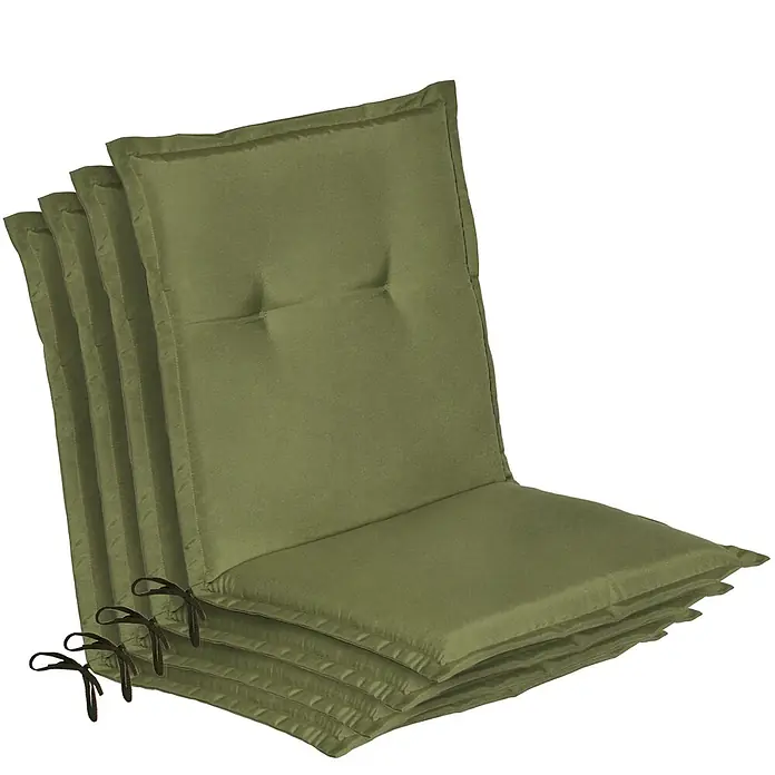 Beautissu Sitzauflage Loft Nl - Niederlehner, 4 Stk., L x B x H: 0 x 0 x 0 cm, Polyester, Olivgrün - Stapel olivgrüner Stuhlkissen mit Bändern.