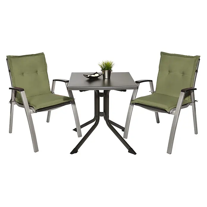 Beautissu Sitzauflage Loft Nl - Niederlehner, 4 Stk., L x B x H: 0 x 0 x 0 cm, Polyester, Olivgrün - Garten-Bistrotisch-Set: zwei Stühle mit silbernen Gestellen und olivgrünen Polstern, sowie ein dunkelgrauer quadratischer Tisch.