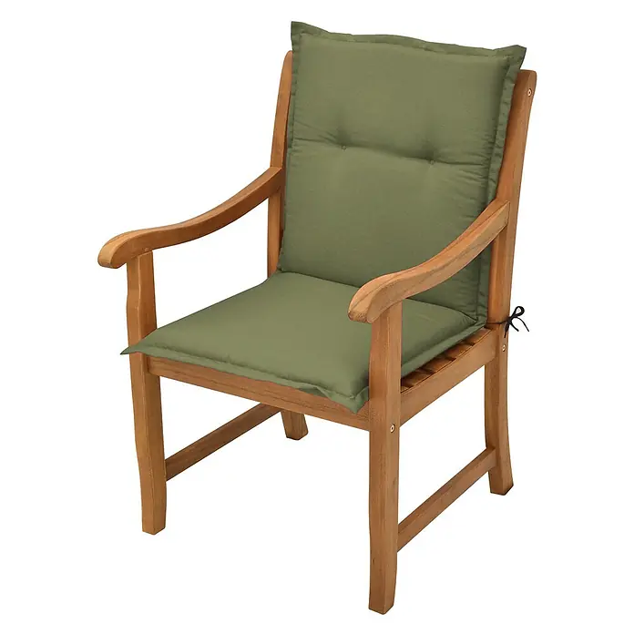 Beautissu Sitzauflage Loft Nl - Niederlehner, 4 Stk., L x B x H: 0 x 0 x 0 cm, Polyester, Olivgrün - Holz-Sessel mit grünen Sitz- und Rückenkissen.