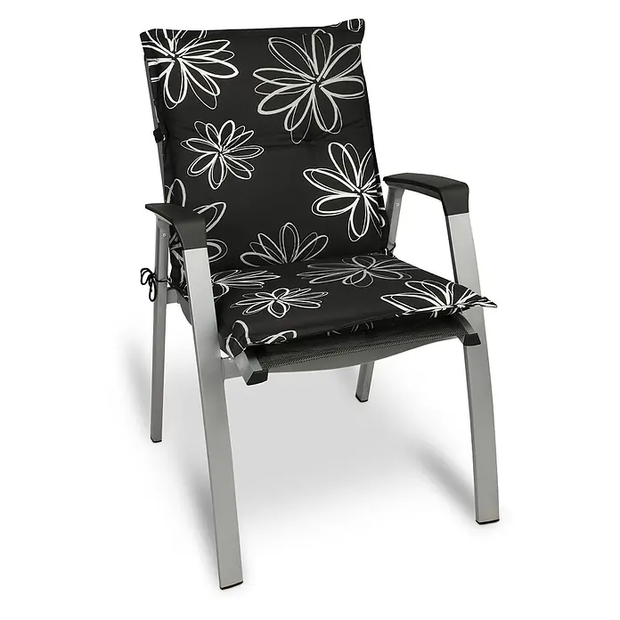 Beautissu Sitzauflage Sunny NL - Niederlehner, 6 Stk., Polyester, Mehrfarbig - Silber-grauer Aluminium-Gartenstuhl mit schwarzen Armlehnen und schwarzem Kissen mit weißem Blumenmuster.