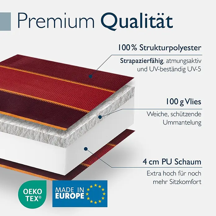 Beautissu Sitzauflage Sun-NL - Niederlehner, 1 Stk., Polyester, rot-Gestreift - Mehrlagiges Kissen mit rot-orange gestreiftem Polyesterbezug, 100g Vlies und 4cm PU-Schaumkern. Strapazierfähig, atmungsaktiv, UV-beständig und komfortabel.