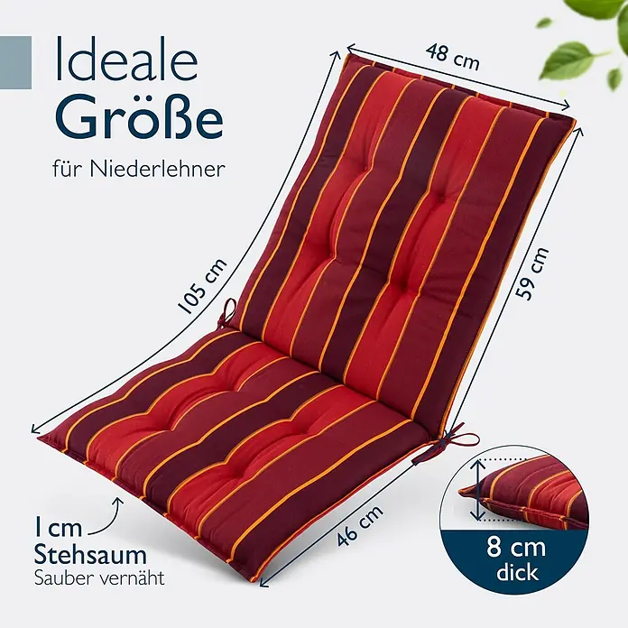 Beautissu Sitzauflage Sun-NL - Niederlehner, 1 Stk., Polyester, rot-Gestreift - Gestreifte Gartenstuhlauflage in Rot und Burgunderrot mit gelben Akzenten, für Niederlehner. 105 cm lang, 46-48 cm breit, 8 cm dick.