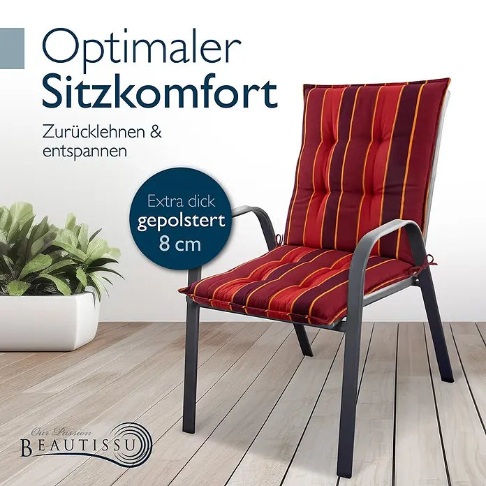 Beautissu Sitzauflage Sun-NL - Niederlehner, 1 Stk., Polyester, rot-Gestreift - Gestreiftes rot-oranges Gartenstuhl-Kissen, 8 cm extrastark gepolstert, auf einem Stuhl.