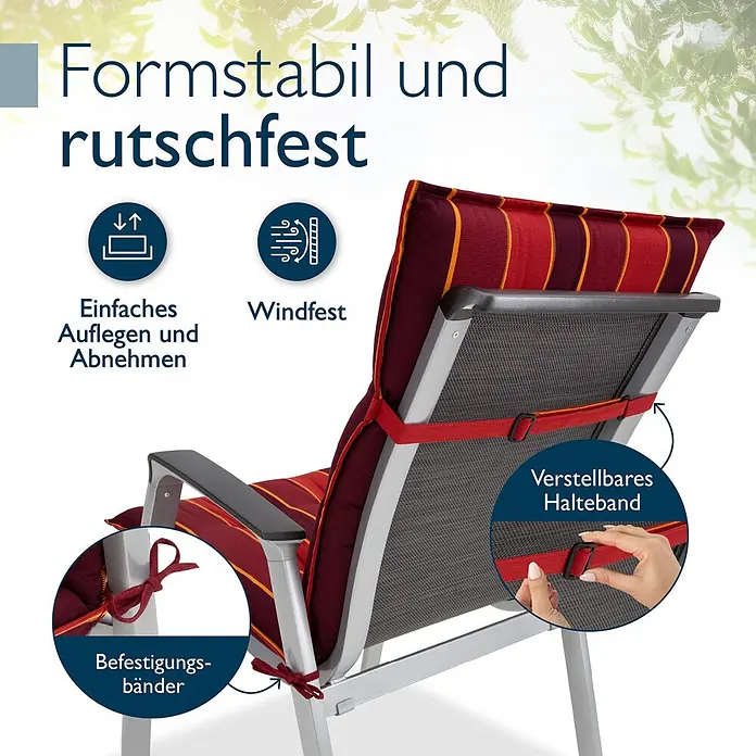 Beautissu Sitzauflage Sun-NL - Niederlehner, 1 Stk., Polyester, rot-Gestreift - Rot-orange gestreiftes Gartenstuhl-Kissen mit verstellbaren Haltebändern und Befestigungsbändern für Stabilität und einfache Handhabung.