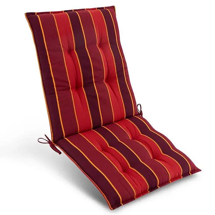Beautissu Sitzauflage Sun-NL - Niederlehner, 1 Stk., Polyester, rot-Gestreift - Gestreiftes rot-braunes Stuhlkissen mit orangefarbenen Akzenten, Knöpfen und Bändern.