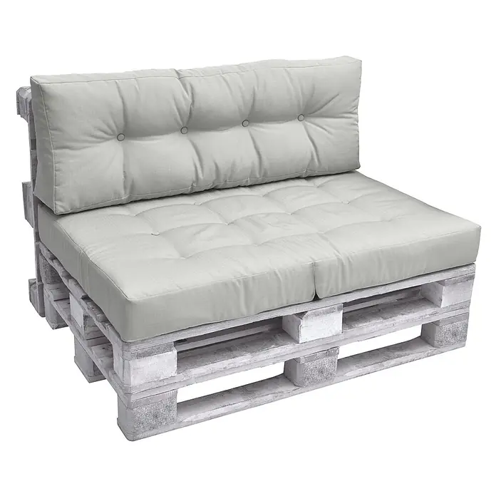 Beautissu Sitzauflage ECO Elements - Europalette, 1 Stk., Polyester, Hellgrau - Hellesgraues Palettensofa mit getufteten Sitz- und Rückenkissen, gefertigt aus verwitterten Holzpaletten.