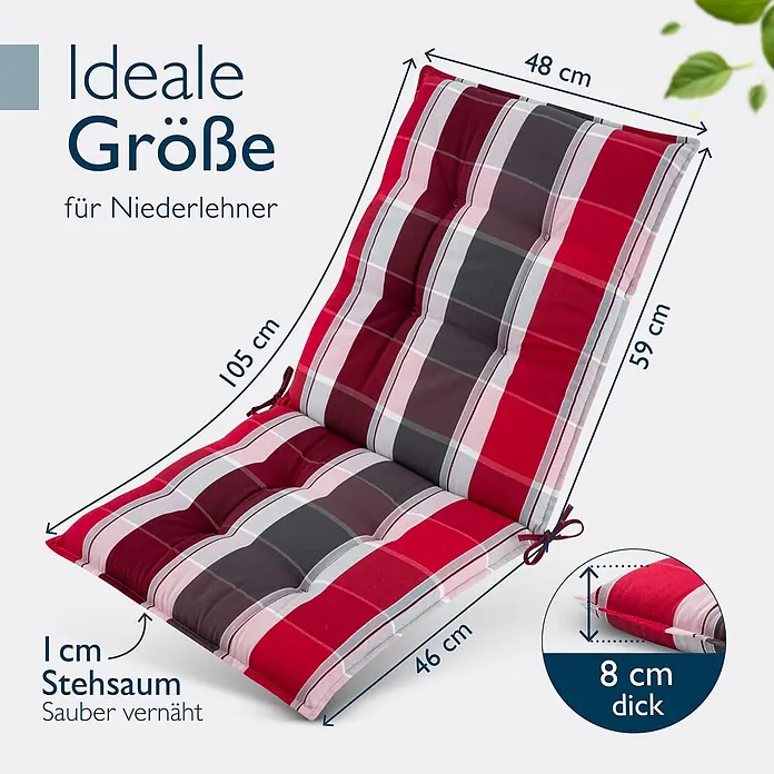 Beautissu Sitzauflage Sun-NL - Niederlehner, 8 Stk., L x B x H: 100 x 50 x 8 cm, Polyester, Rot-Anthrazit gestreift - Rot-grau-weiß kariertes Kissen für Niederlehner, 105x48x8 cm. Mit Knopfheftung und Bändern.