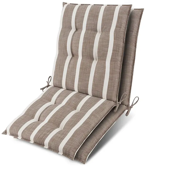 Beautissu Sitzauflage Sun-NL - Niederlehner, 2 Stk., Polyester, natur-weiß-gestreift - Zweiteiliges, gestepptes Outdoor-Kissen mit braun-weißen Streifen und Bändern zur Befestigung.