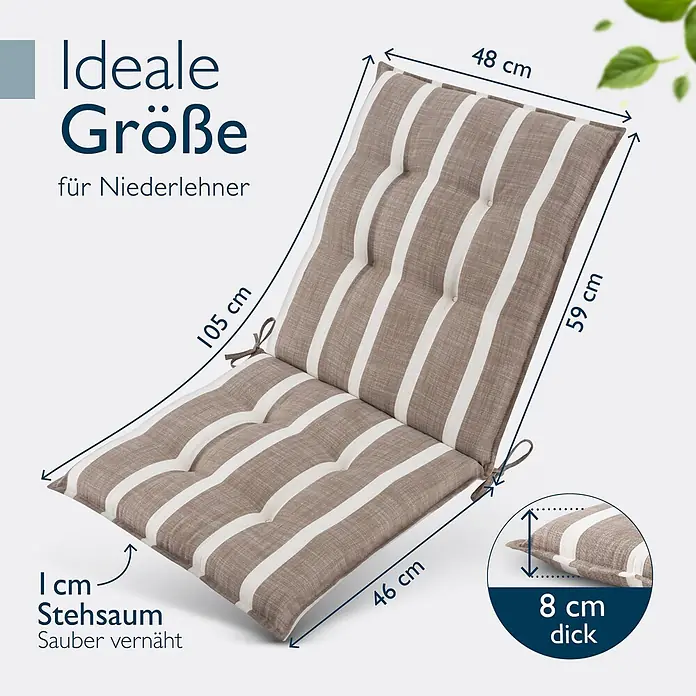 Beautissu Sitzauflage Sun-NL - Niederlehner, 6 Stk., Polyester, natur-weiß gestreift - Gestreifte (braun/weiß) Auflage für Niederlehner, 105x48 cm, 8 cm dick, mit Haltebändern.