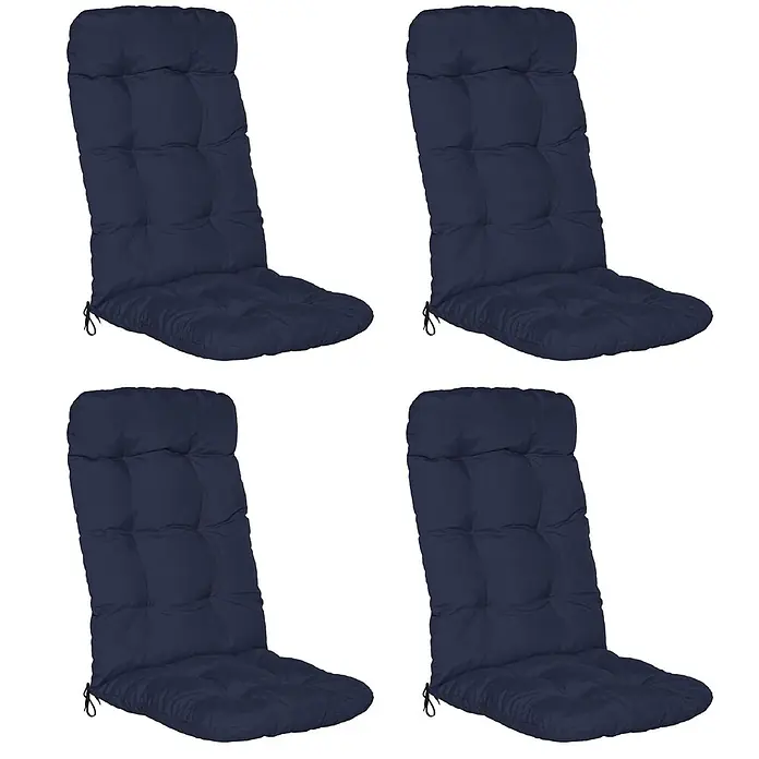 Beautissu Sitzauflage Flair HL - Hochlehner, 4 Stk., L x B x H: 120 x 50 x 8 cm, Polyester, Dunkelblau - Vier dunkelblaue gepolsterte Outdoor-Stuhlkissen mit Bändern.