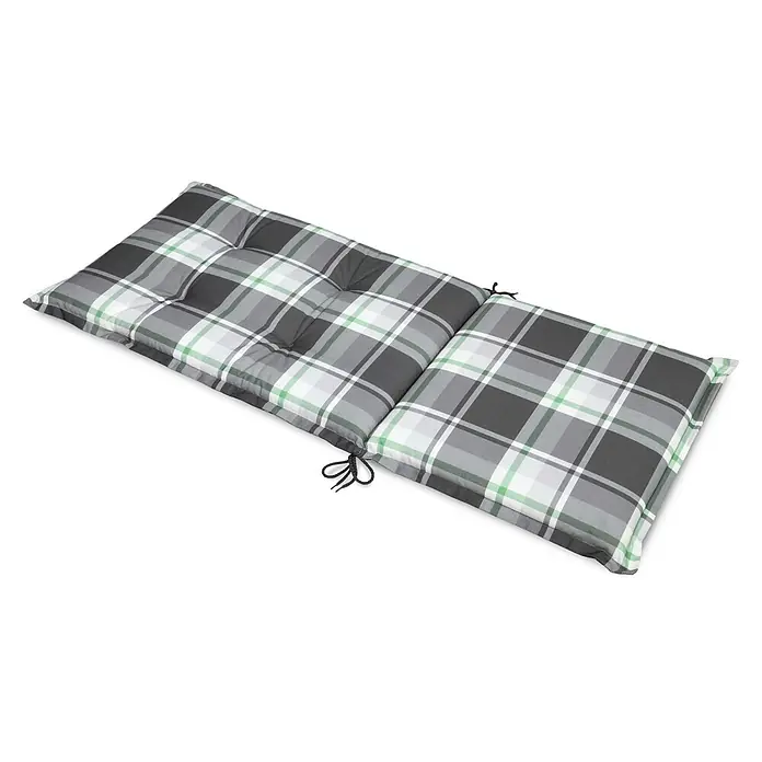 Beautissu Sitzauflage Sunny HL - Hochlehner, 2 Stk., Polyester, Mintgrün - Zweiteiliges kariertes Gartenpolster in Grau, Weiß und Grün mit Knopfheftung und schwarzen Bändern.