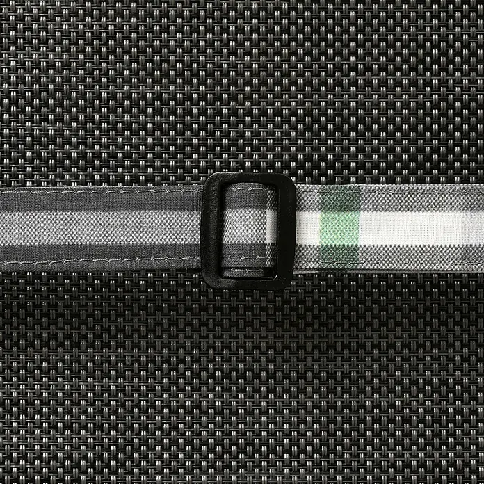 Beautissu Sitzauflage Sunny HL - Hochlehner, 1 Stk., Polyester, Mintgrün - Dunkelgraue Webmatte mit einer schwarzen Schnalle und einem karierten Riemen in Grau, Weiß und Grün.