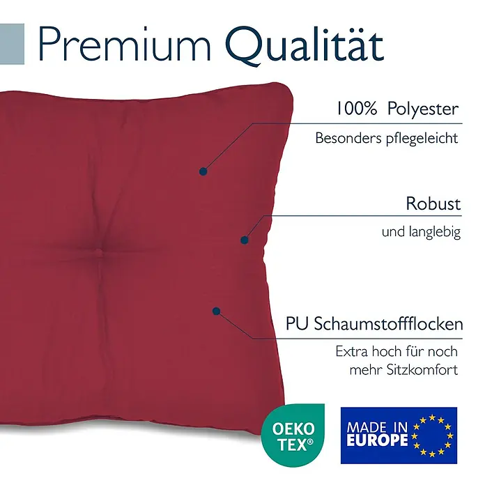 Beautissu Sitzauflage XLuna - Outdoor Lounge, 1 Stk., L x B x H: 70 x 40 x 12 cm, Polyester, Rot - Rotes Kissen aus pflegeleichtem Polyester mit PU-Schaumstoffflockenfüllung, robust und bequem.