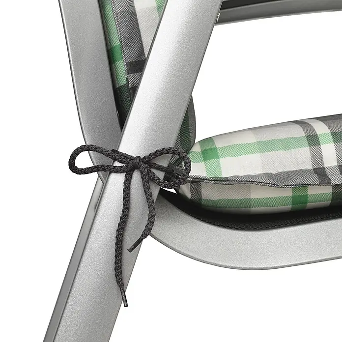 Beautissu Sitzauflage Sunny NL - Niederlehner, 6 Stk., L x B x H: 100 x 50 x 6 cm, Polyester, Mintgrün - Nahaufnahme eines grün, weiß, grau karierten Stuhlkissens, mit dunklem Seil an silbernem Stuhlrahmen befestigt.
