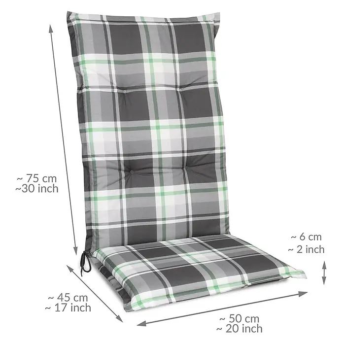 Beautissu Sitzauflage Sunny HL - Hochlehner, 2 Stk., Polyester, Mintgrün - Gartenstuhlauflage mit grau-weiß-grünem Karomuster, gesteppt, mit Bindebändern zur Befestigung.