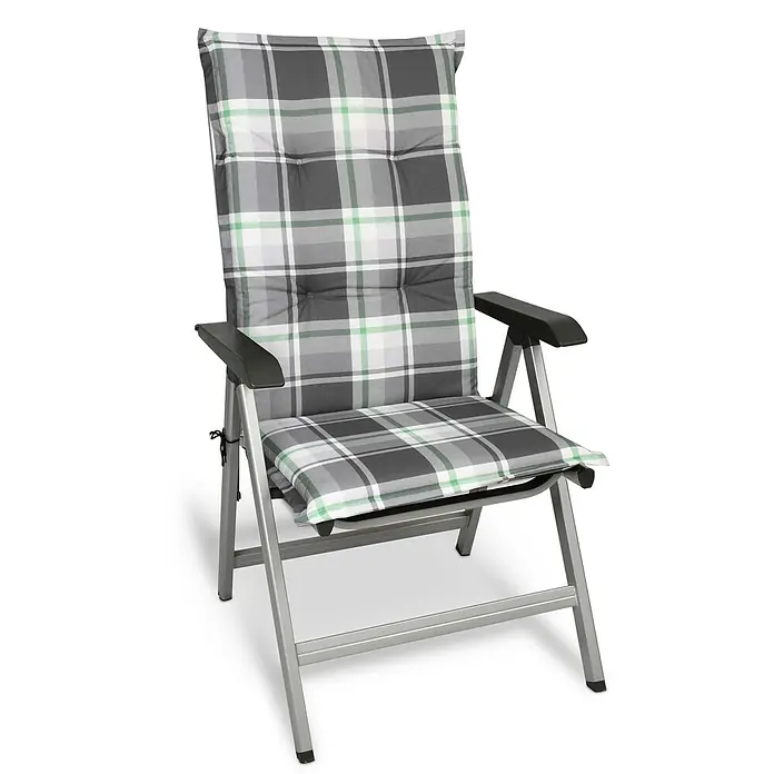 Beautissu Sitzauflage Sunny HL - Hochlehner, 2 Stk., Polyester, Mintgrün - Silberner Aluminium Gartenklappstuhl mit schwarzen Armlehnen und einem grau-weiß-grün karierten Kissen.