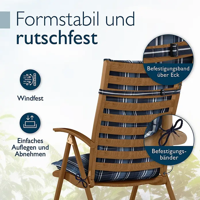 Beautissu Sitzauflage Highlux HL - Hochlehner, 4 Stk., Polyester, Blau-Weiß-Kariert - Blau kariertes Gartenstuhlpolster sicher mit Bändern und Schlaufen am Holzstuhl befestigt, rutschfest und windstabil.