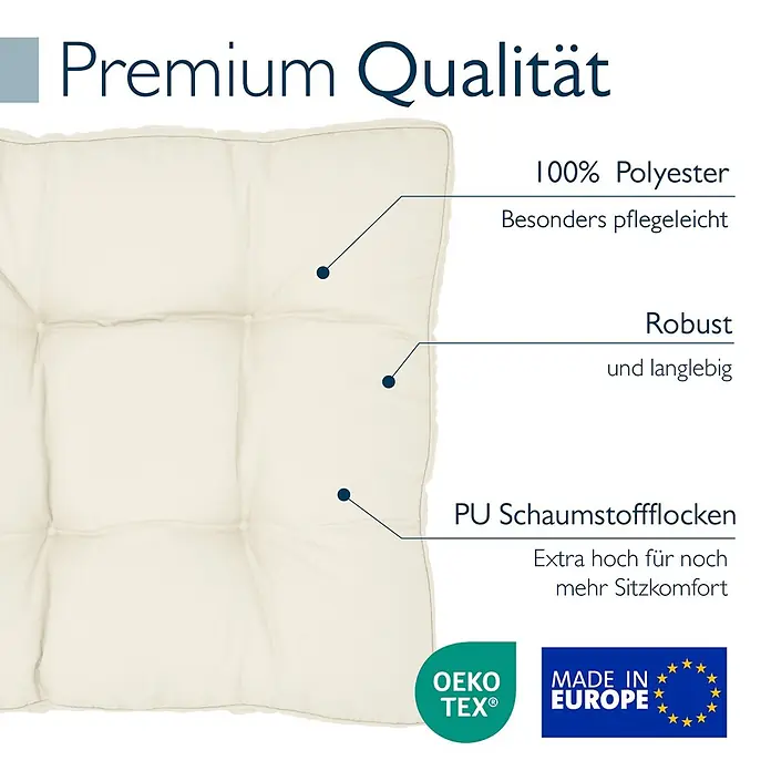 Beautissu Sitzauflage XLuna - Outdoor Lounge, 1 Stk., L x B x H: 40 x 40 x 10 cm, Polyester, Natur - Cremefarbenes, getuftetes Kissen aus 100% Polyester mit PU-Schaumflockenfüllung, robust und pflegeleicht für hohen Sitzkomfort.