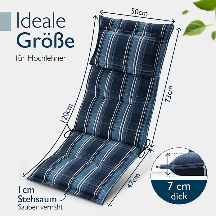 Beautissu Sitzauflage Highlux HL - Hochlehner, 8 Stk., L x B x H: 120 x 52 x 7 cm, Polyester, Blau-Weiß-Kariert - Blaues, kariertes Hochlehner-Sitzkissen, 120x50/47cm, 7cm dick, mit 1cm Stehsaum.