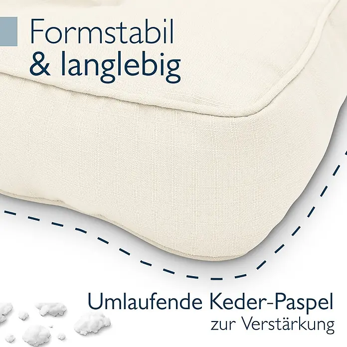 Beautissu Sitzauflage XLuna - Outdoor Lounge, 1 Stk., L x B x H: 50 x 50 x 10 cm, Polyester, Natur - Hellbeiges Kissen mit sichtbarer Flockenfüllung, aus formstabilem Stoff und umlaufender Keder-Paspel zur Verstärkung.