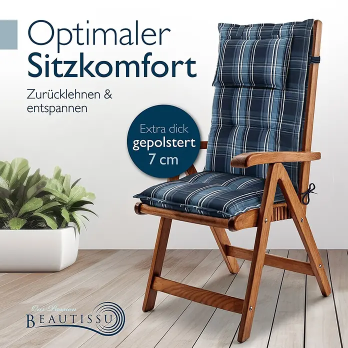 Beautissu Sitzauflage Highlux HL - Hochlehner, 8 Stk., L x B x H: 120 x 52 x 7 cm, Polyester, Blau-Weiß-Kariert - Holz-Gartenstuhl mit dickem, blau kariertem Kissen, 7 cm gepolstert für optimalen Sitzkomfort.