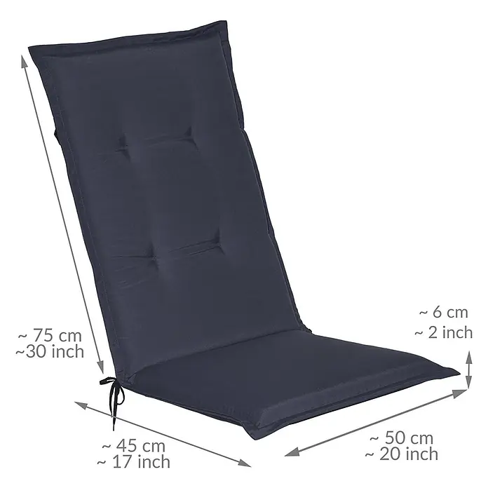 Beautissu Sitzauflage Loft HL - Hochlehner, 1 Stk., L x B x H: 120 x 50 x 6 cm, Polyester, Dunkelblau - Dunkelgraues Gartenstuhl-Kissen mit Steppungen und Bändern, Maße angegeben.