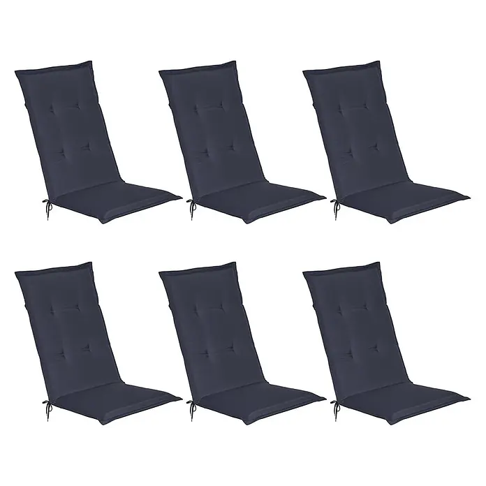 Beautissu Sitzauflage Loft HL - Hochlehner, 6 Stk., L x B x H: 120 x 6 x 50 cm, Polyester, Dunkelblau - Sechs dunkelgraue, getuftete Hochlehner-Stuhlkissen mit Bändern.