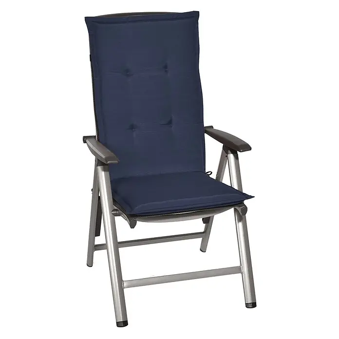 Beautissu Sitzauflage Loft HL - Hochlehner, 1 Stk., Polyester, Dunkelblau - Klappbarer Gartenstuhl aus silbernem Metall mit dunkelblauem Polster und dunklen Armlehnen.