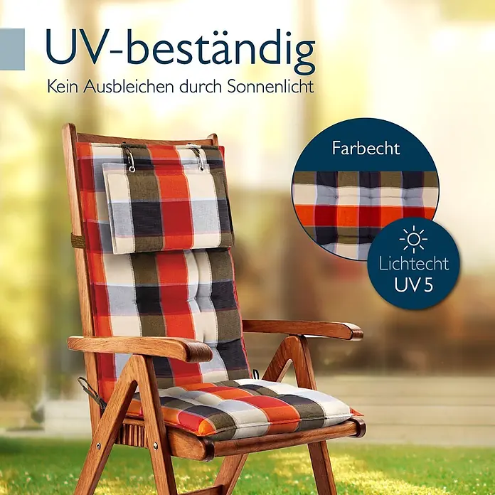 Beautissu Sitzauflage Sun-HL - Hochlehner, 2 Stk., L x B x H: 120 x 50 x 8 cm, Polyester, Orange-beige-kariert - Holz-Gartenstuhl mit kariertem Polster (Rot, Orange, Schwarz), UV-beständig und farbecht.