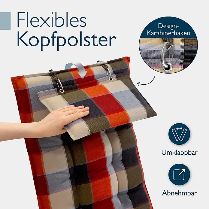 Beautissu Sitzauflage Sun-HL - Hochlehner, 2 Stk., L x B x H: 120 x 50 x 8 cm, Polyester, Orange-beige-kariert - Kariertes Kissen mit flexiblem, umklappbarem und abnehmbarem Kopfpolster, mit Design-Karabinerhaken befestigt.