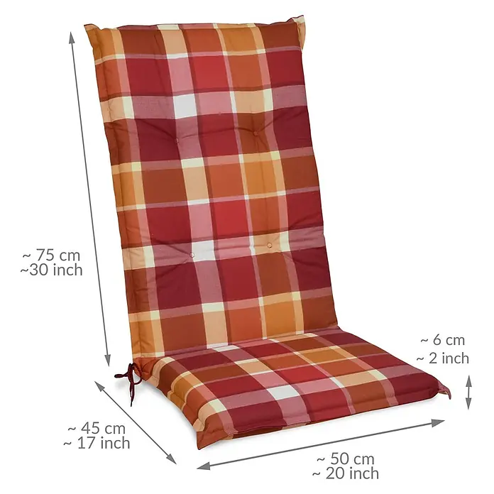 Beautissu Sitzauflage Sunny HL - Hochlehner, 2 Stk., L x B x H: 120 x 50 x 6 cm, Polyester, Rot - Gepolstertes Stuhlkissen mit rot-orange-weißem Karomuster und Befestigungsbändern.