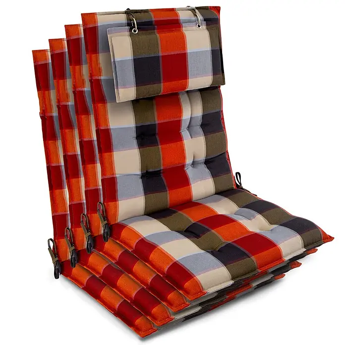Beautissu Sitzauflage Sun-HL - Hochlehner, 4 Stk., Polyester, orange-Beige-Kariert - Stapel karierter Gartenstuhlauflagen in Rot, Orange, Beige, Schwarz und Olivgrün, mit Befestigungsbändern und Knopfheftung.