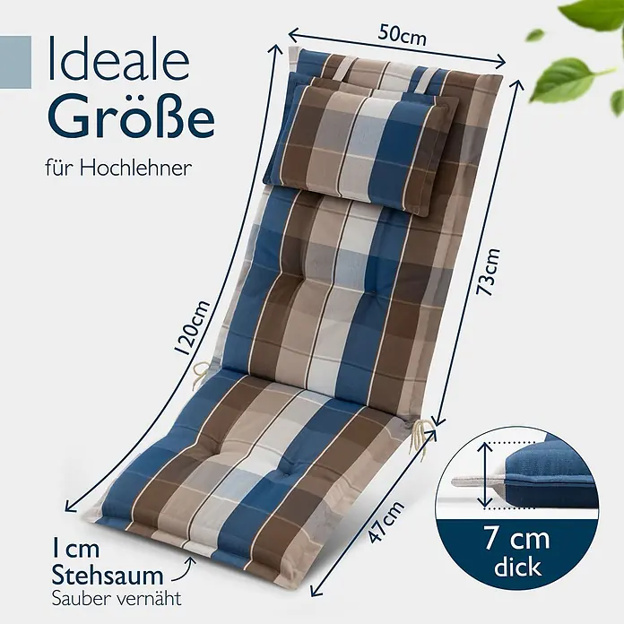 Beautissu Sitzauflage Highlux HL - Hochlehner, 6 Stk., L x B x H: 120 x 52 x 7 cm, Polyester, Braun-Blau-Kariert - Kariertes Hochlehner-Sitzkissen in Blau, Braun, Weiß, ca. 50x120 cm, 7 cm dick, sauber vernäht.