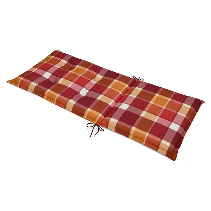 Beautissu Sitzauflage Sunny HL - Hochlehner, 2 Stk., L x B x H: 120 x 50 x 6 cm, Polyester, Rot - Rechteckiges, kariertes Sitzkissen in Rot, Orange und Weiß mit Befestigungsbändern.
