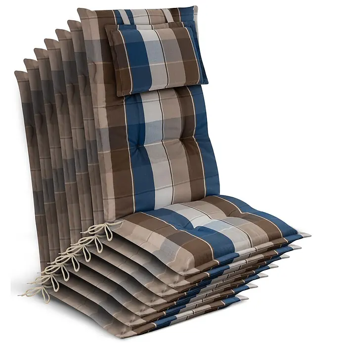 7x Gartenstuhlauflage Hochlehner 120x50x7cm, Braun-Blau-Kariert -  - Stapelbare, karierte Liegestuhlauflagen in Blau, Braun und Beige, mit Bindebändern.