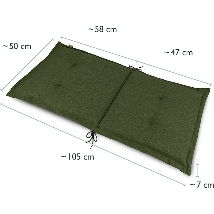 Beautissu Sitzauflage HighLux NL - Niederlehner, 6 Stk., L x B x H: 105 x 50 x 7 cm, Polyester, Dunkelgrün - Dunkelgrünes klappbares Gartenkissen mit Bändern, ca. 105x50x7 cm. Mit zwei Segmenten und Knopfheftung.