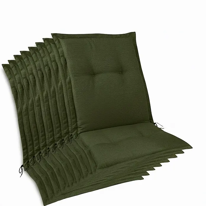 Beautissu Sitzauflage HighLux NL - Niederlehner, 8 Stk., L x B x H: 105 x 50 x 7 cm, Polyester, Dunkelgrün - Stapel dunkelgrüner, strukturierter Outdoor-Stuhlkissen mit getufteten Rückenlehnen und Sitzen.