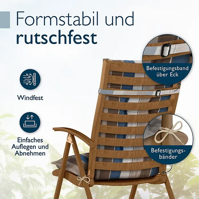 Beautissu Sitzauflage Highlux HL - Hochlehner, 6 Stk., L x B x H: 120 x 52 x 7 cm, Polyester, Braun-Blau-Kariert - Gartenstuhlauflage in blau-braunem Karomuster, mit Befestigungsbändern am Holzstuhl für rutschfesten Halt.