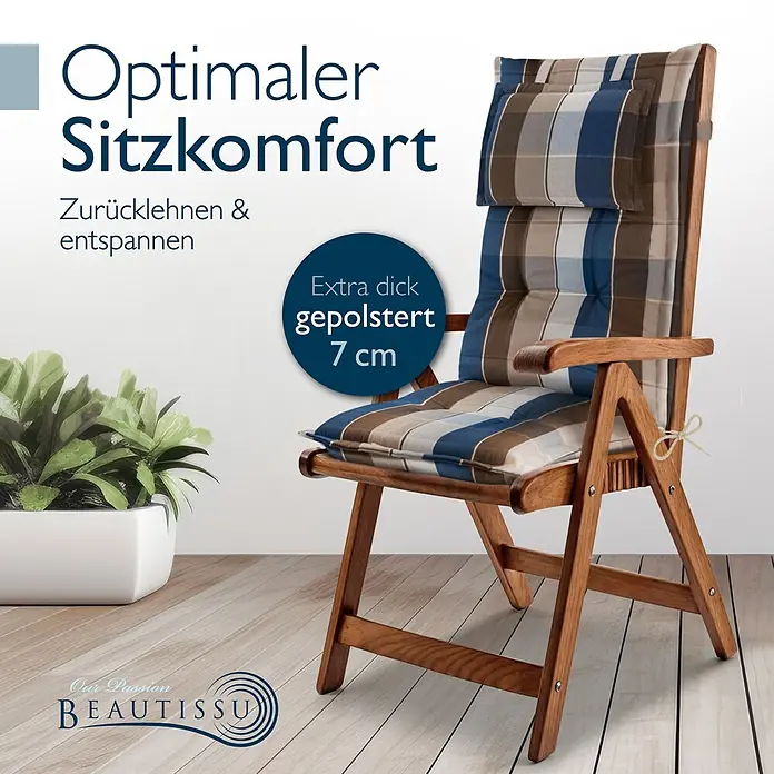 Beautissu Sitzauflage Highlux HL - Hochlehner, 6 Stk., L x B x H: 120 x 52 x 7 cm, Polyester, Braun-Blau-Kariert - Klappbarer Holzstuhl mit dickem, kariertem blau-braun-beigem Kissen für optimalen Komfort.