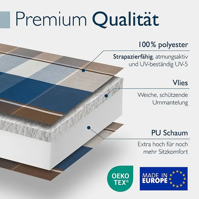 Beautissu Sitzauflage Highlux HL - Hochlehner, 6 Stk., L x B x H: 120 x 52 x 7 cm, Polyester, Braun-Blau-Kariert - Schnittbild eines Kissens mit gemustertem Polyestergewebe, weichem Vlies und dickem PU-Schaum für Premium-Komfort und Haltbarkeit, OEKO-TEX und Made in Europe.
