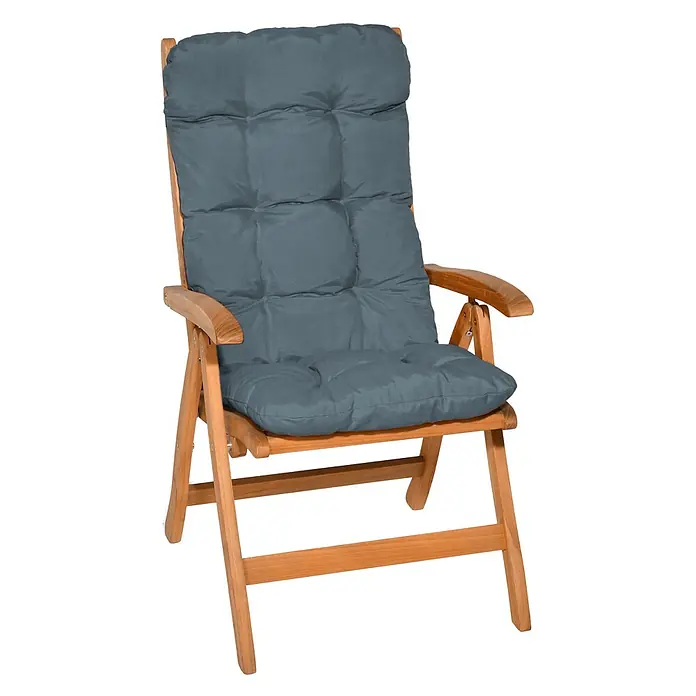 Beautissu Sitzauflage Flair HL - Hochlehner, 8 Stk., L x B x H: 120 x 50 x 8 cm, Polyester, Taubenblau - Klappbarer Gartenstuhl aus Holz mit dunkelgrauem Polster.